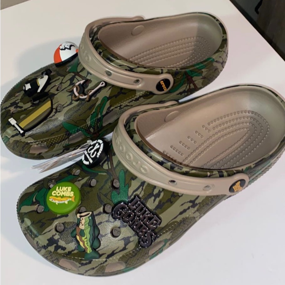 CROCS Classic Clog in Green Camo with Tan Strap